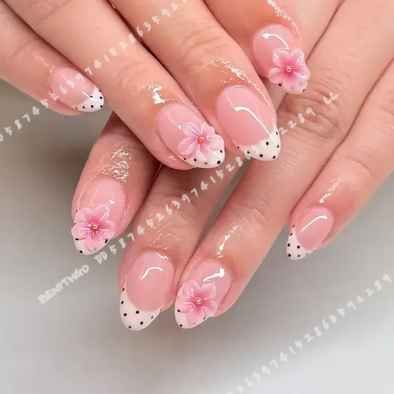 Pressed Flower Art - 24개 짧은 타원형 3D 젤 네일
