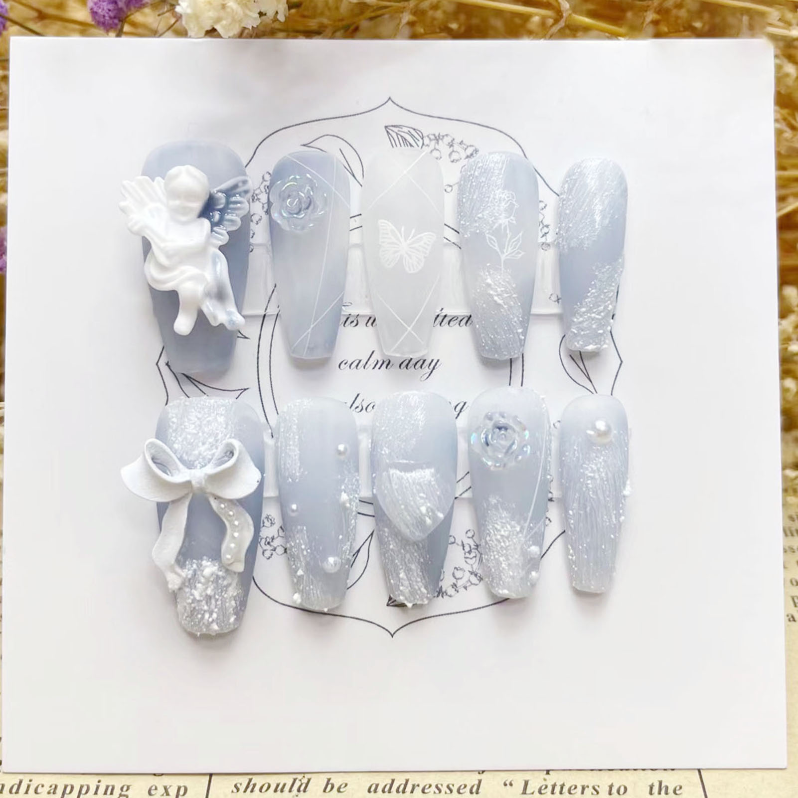 3D 석고 천사 가짜 손톱 광택 헤이즈 블루 수제 프레 - Pressed Flower Art 리뷰 및 가격